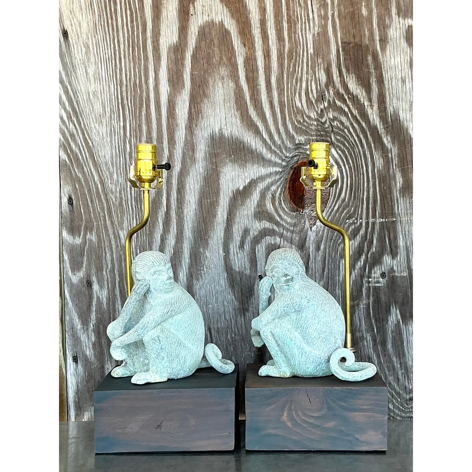 Vintage Boho Patinated Metal Monkeys Lamps - A Pair — additional photo 5