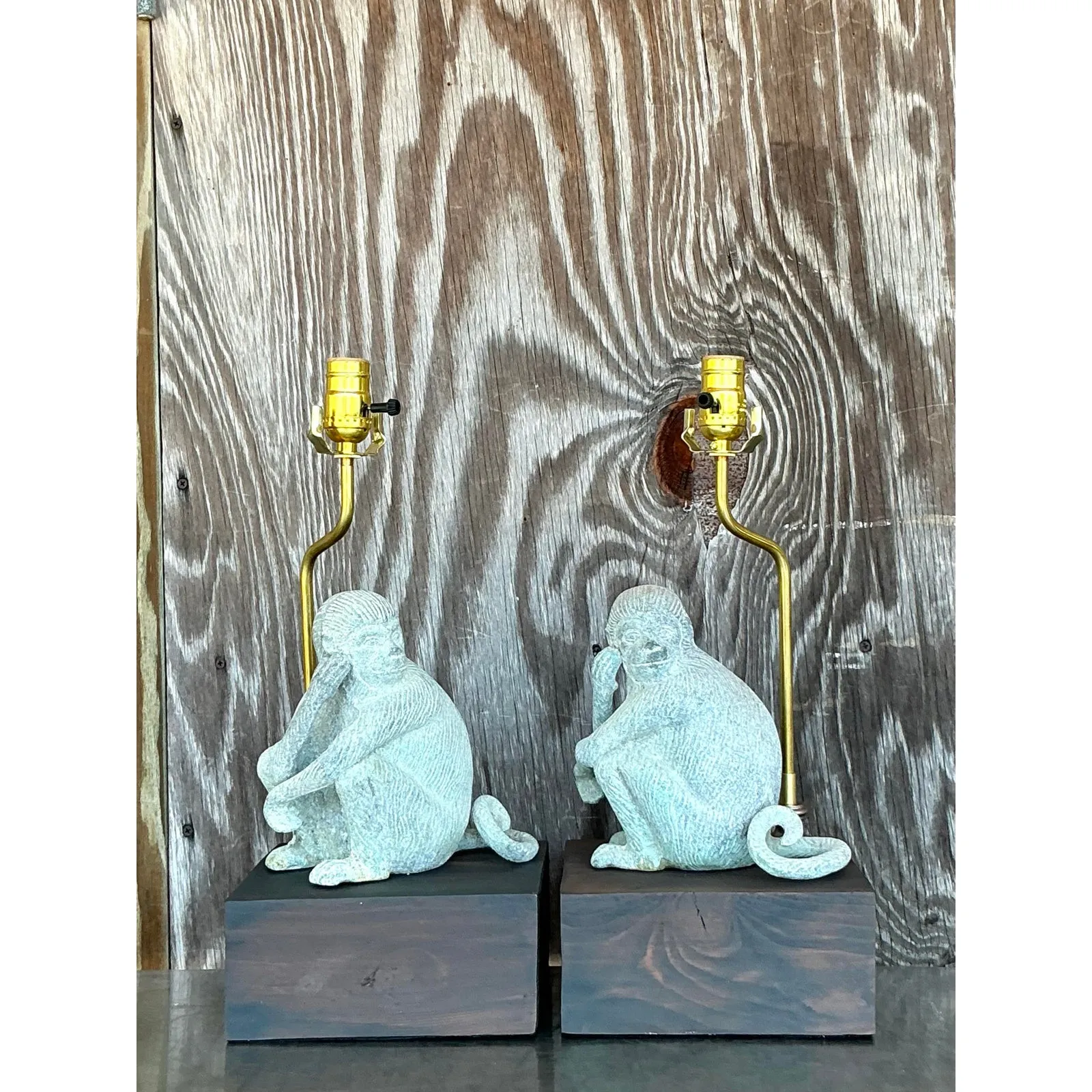 Vintage Boho Patinated Metal Monkeys Lamps - A Pair — additional photo 3