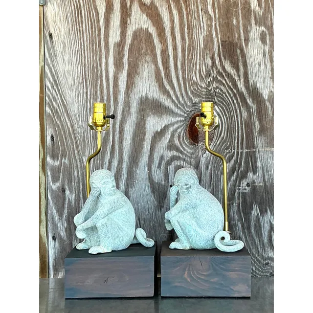 Vintage Boho Patinated Metal Monkeys Lamps - A Pair — additional photo 3