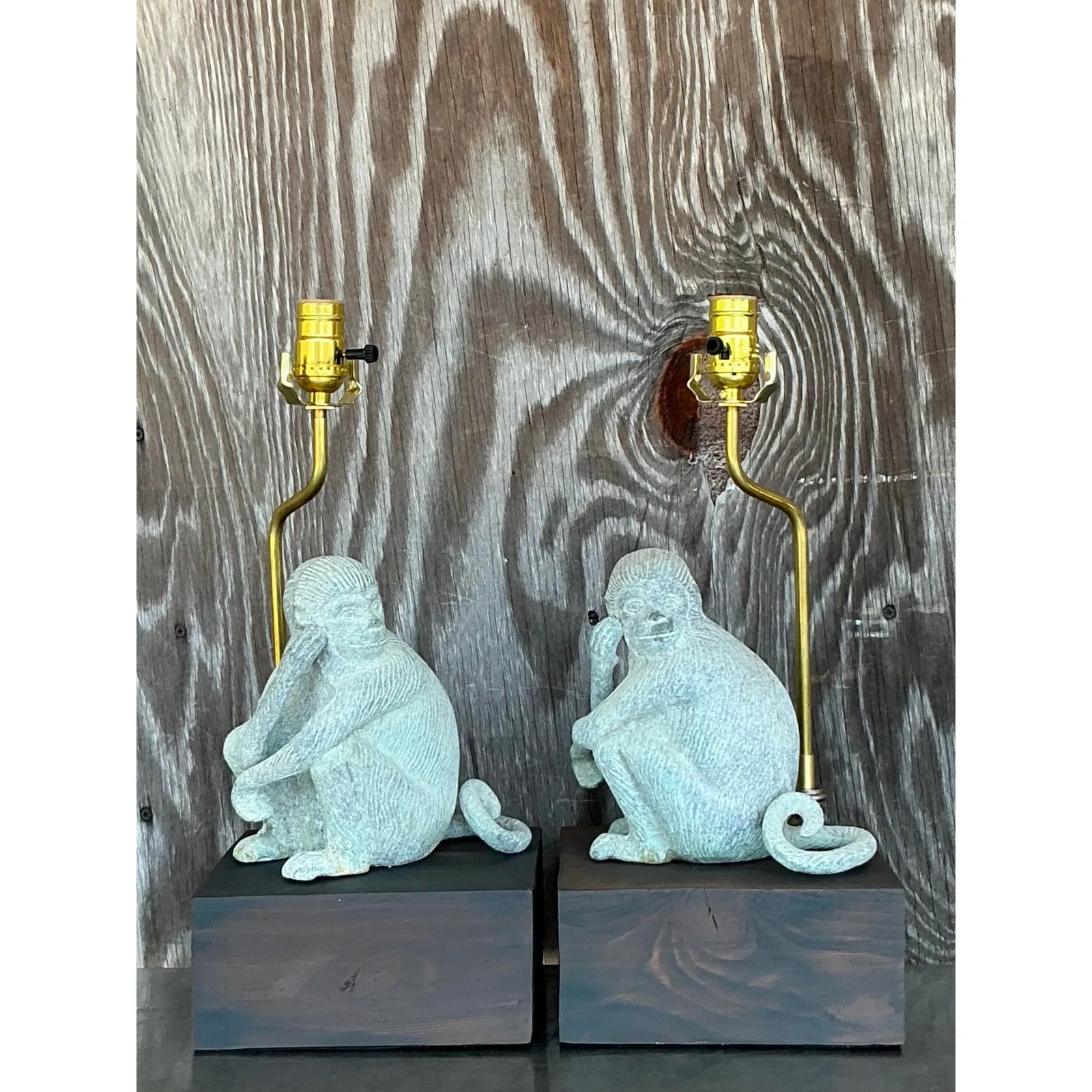 Vintage Boho Patinated Metal Monkeys Lamps - A Pair — additional photo 2