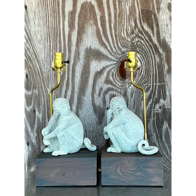 Vintage Boho Patinated Metal Monkeys Lamps - A Pair — additional photo 7