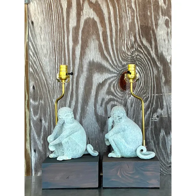 Vintage Boho Patinated Metal Monkeys Lamps - A Pair — additional photo 8