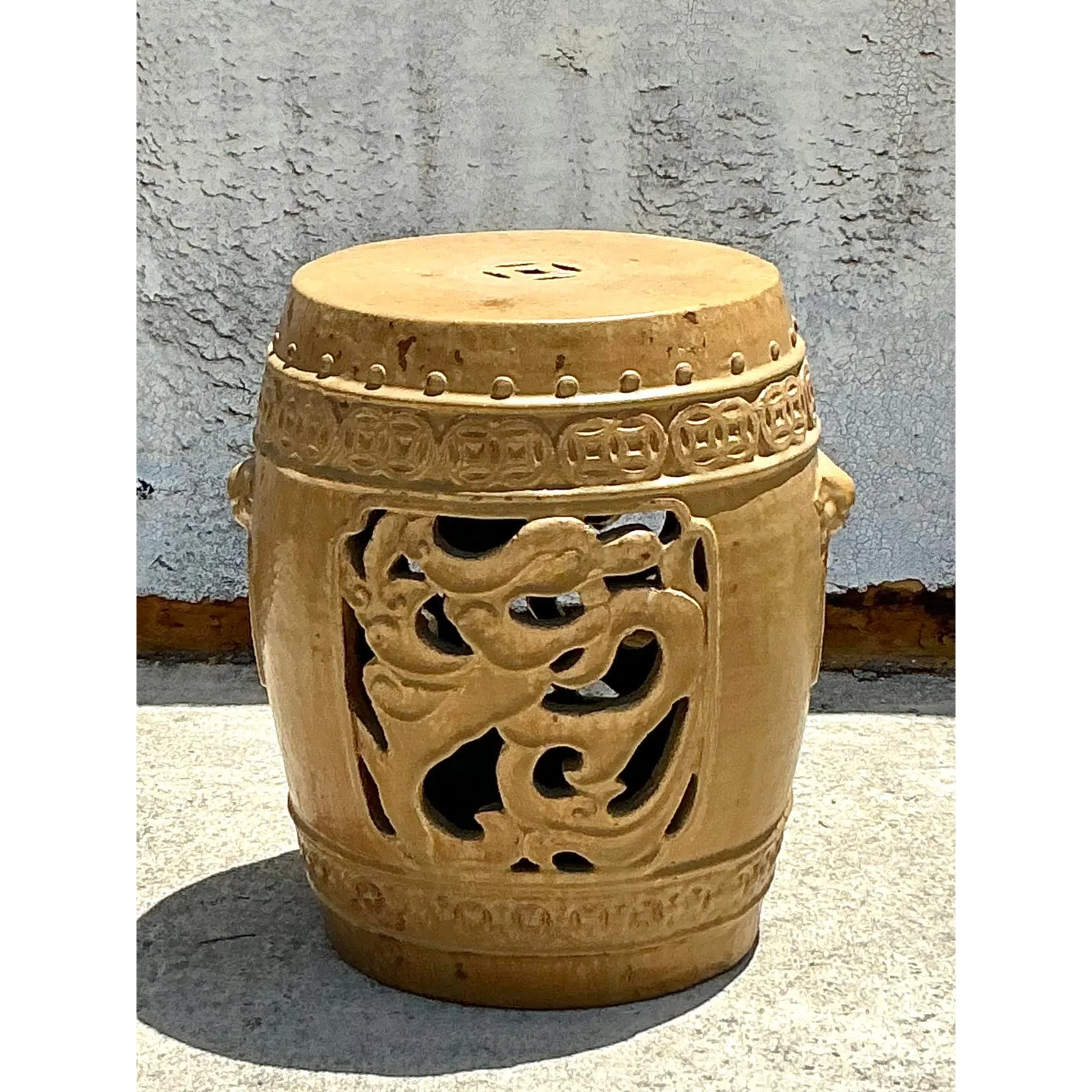 Vintage Boho Glazed Ceramic Medallion Low Stool — additional photo 5