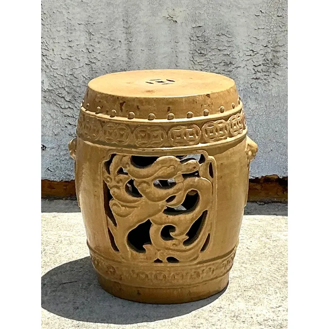 Vintage Boho Glazed Ceramic Medallion Low Stool — additional photo 5