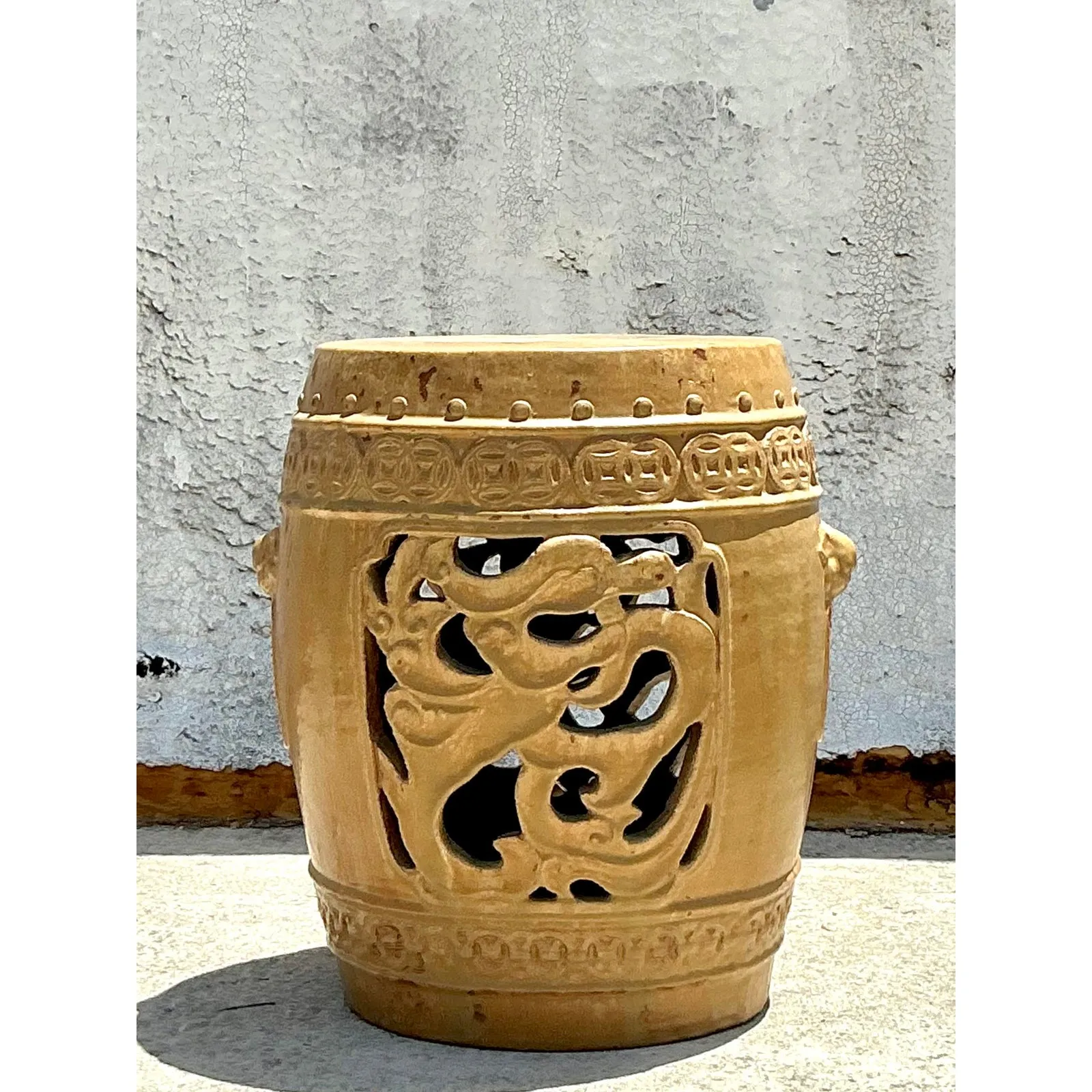 Vintage Boho Glazed Ceramic Medallion Low Stool — additional photo 1