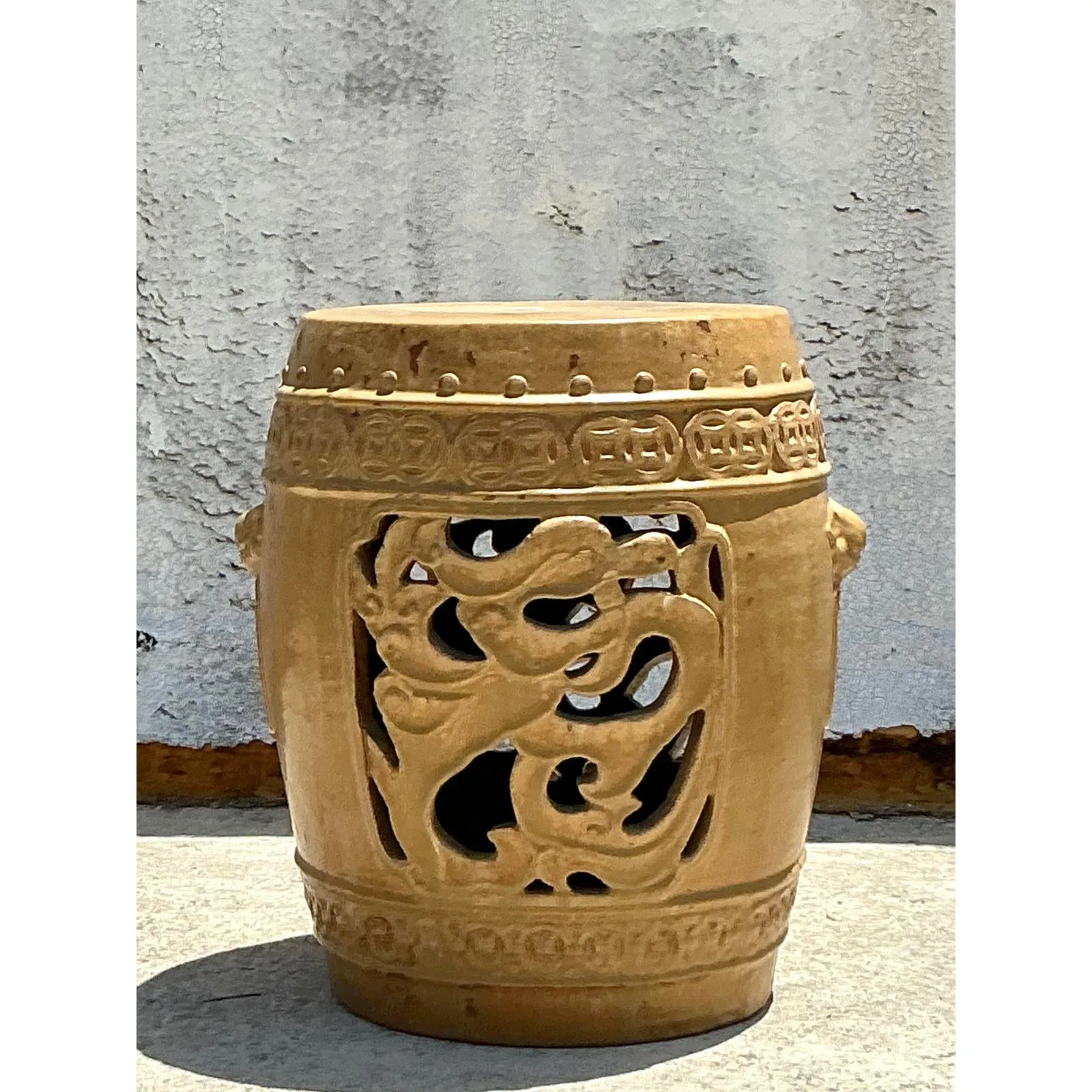 Vintage Boho Glazed Ceramic Medallion Low Stool — additional photo 2