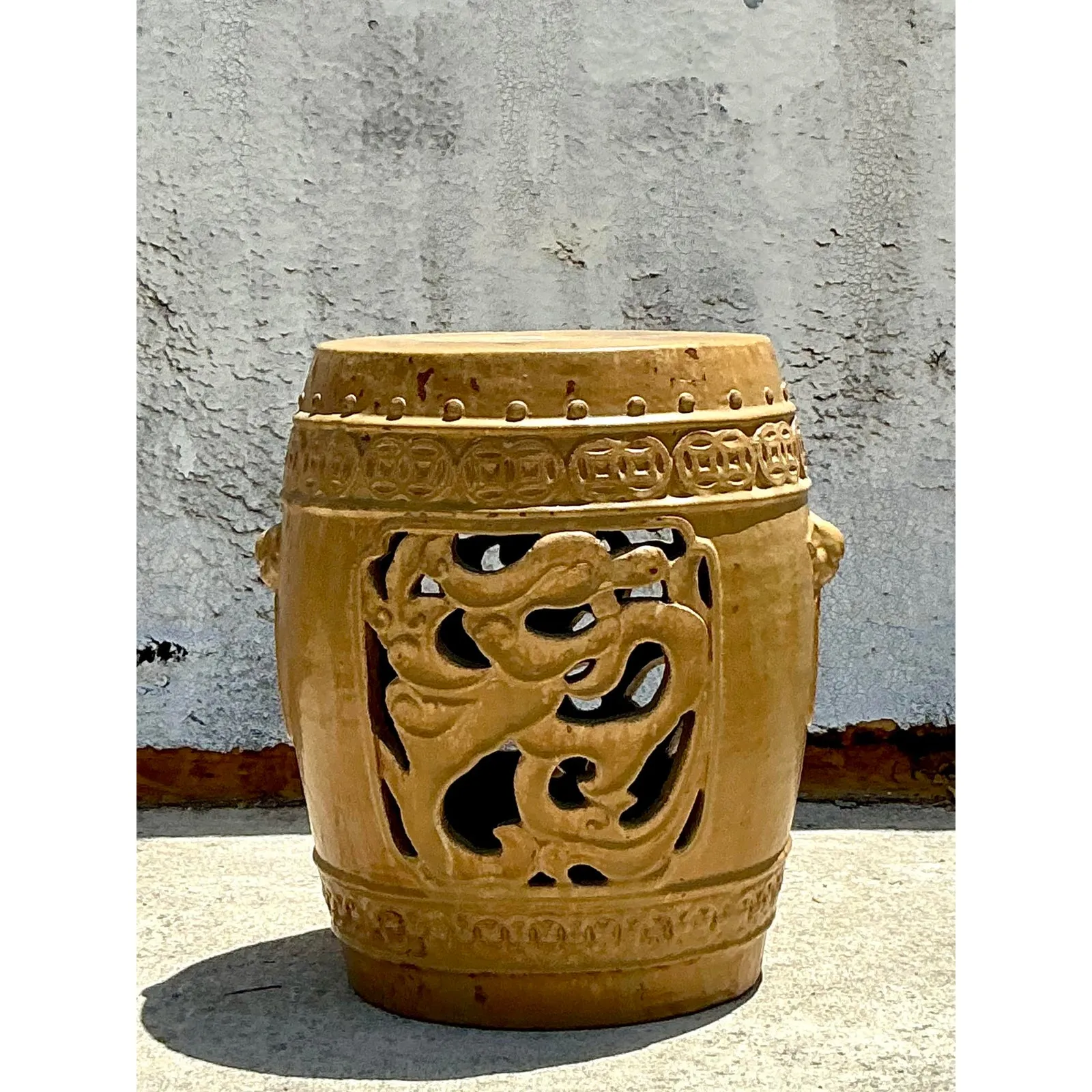 Vintage Boho Glazed Ceramic Medallion Low Stool — additional photo 3