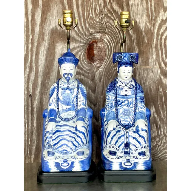 Vintage Asian Blue and White Emperor Lamps - A Pair — additional photo 2