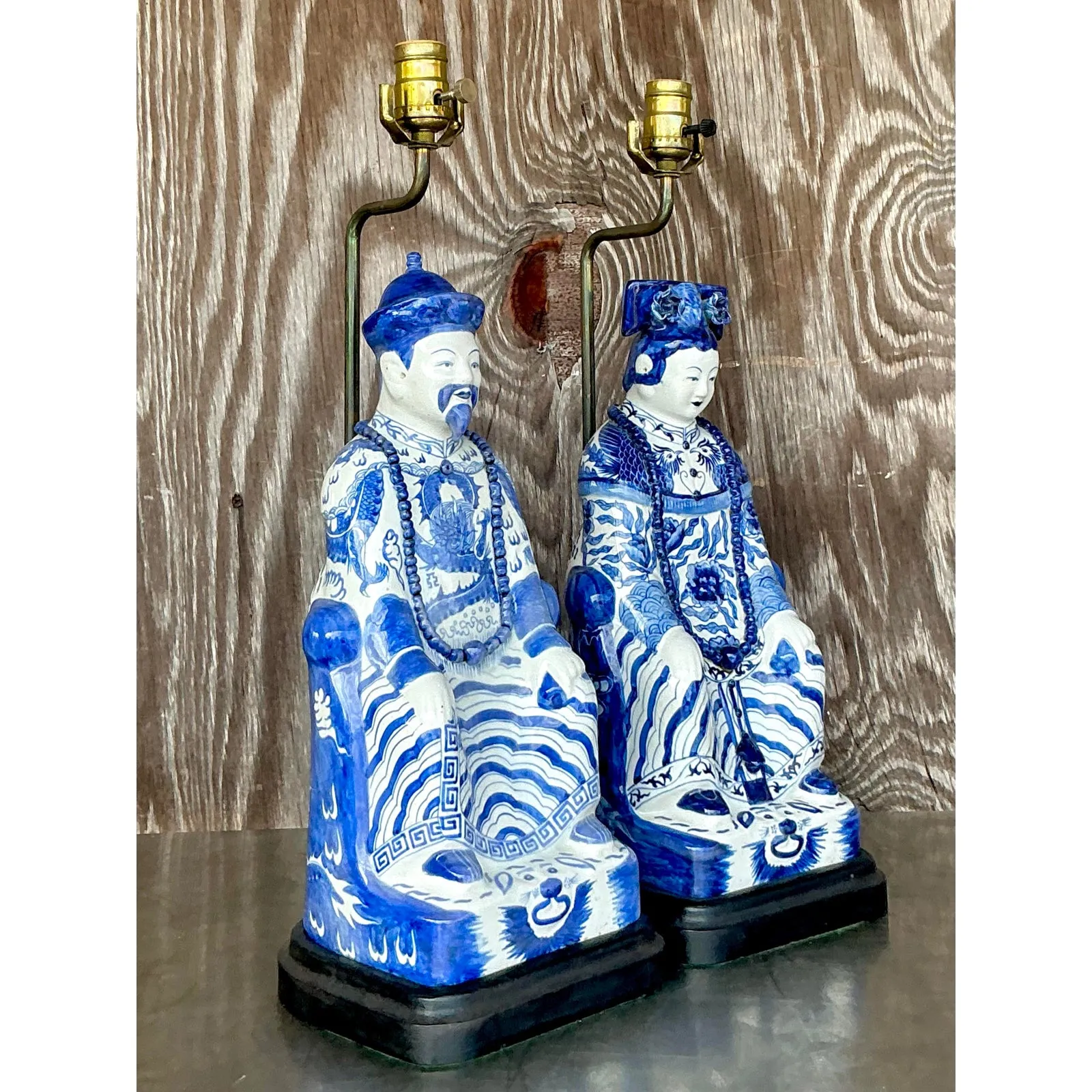 Vintage Asian Blue and White Emperor Lamps - A Pair