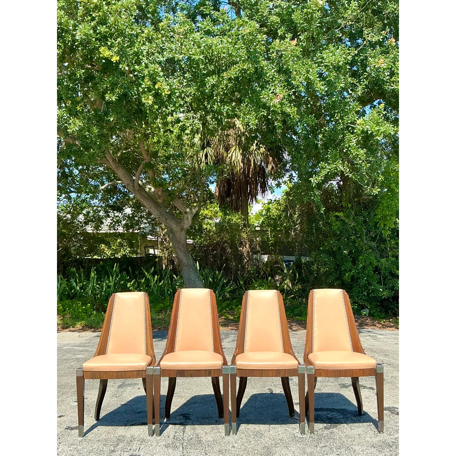 Vintage French Art Deco Burl and Leather Dining Chairs After Ruhlman -Set of 4 — additional photo 1