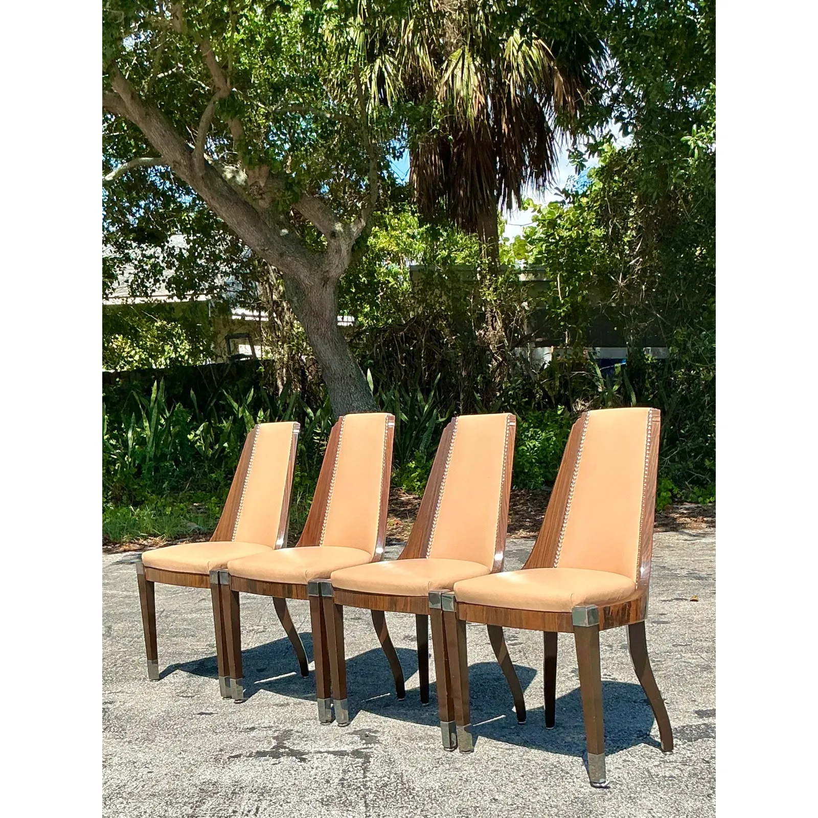 Vintage French Art Deco Burl and Leather Dining Chairs After Ruhlman -Set of 4 — additional photo 2