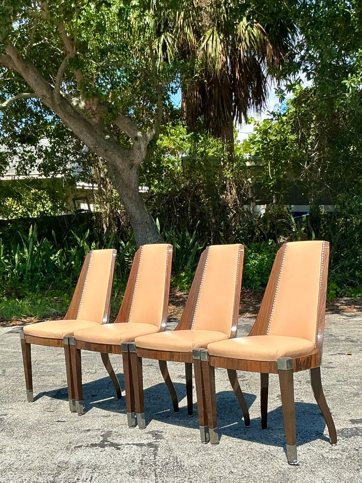 Vintage French Art Deco Burl and Leather Dining Chairs After Ruhlman -Set of 4 — additional photo 2