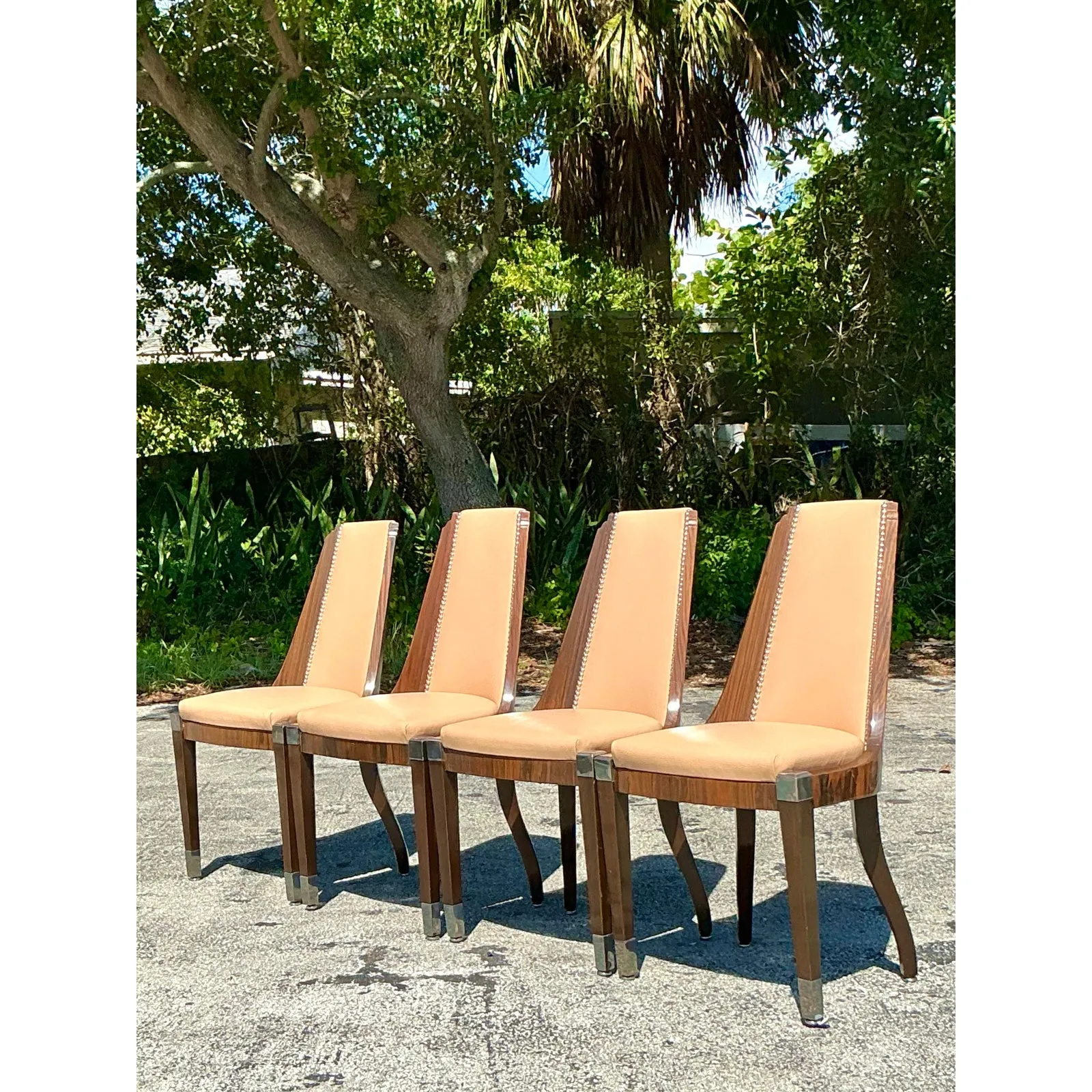 Vintage French Art Deco Burl and Leather Dining Chairs After Ruhlman -Set of 4 — additional photo 3