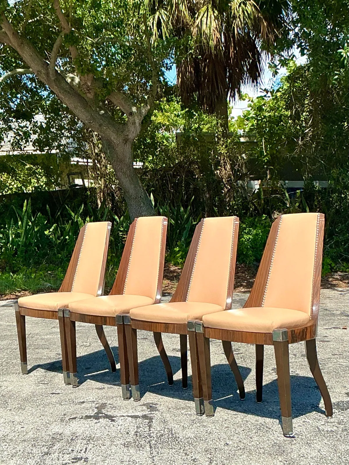 Vintage French Art Deco Burl and Leather Dining Chairs After Ruhlman -Set of 4 — additional photo 3
