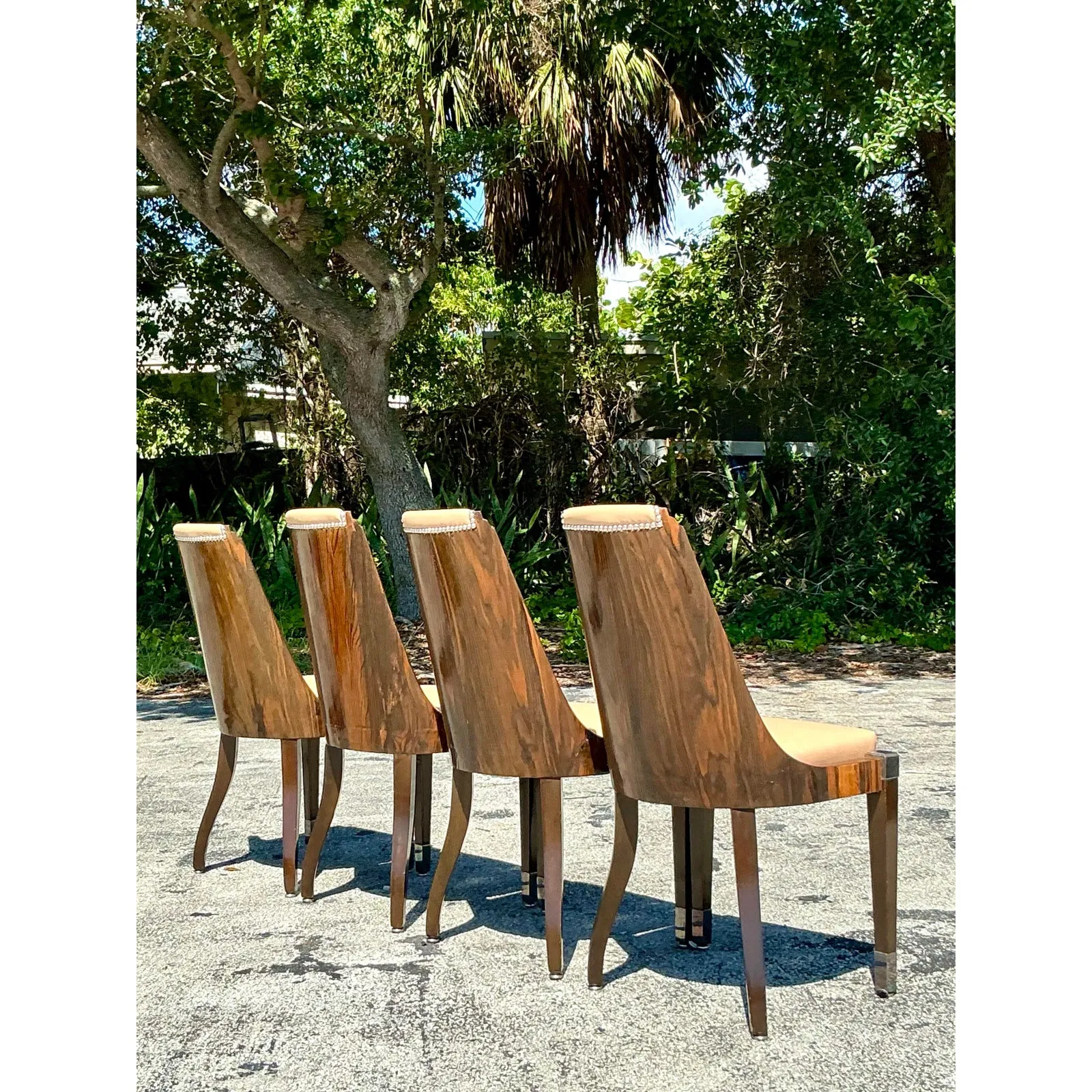 Vintage French Art Deco Burl and Leather Dining Chairs After Ruhlman -Set of 4 — additional photo 4
