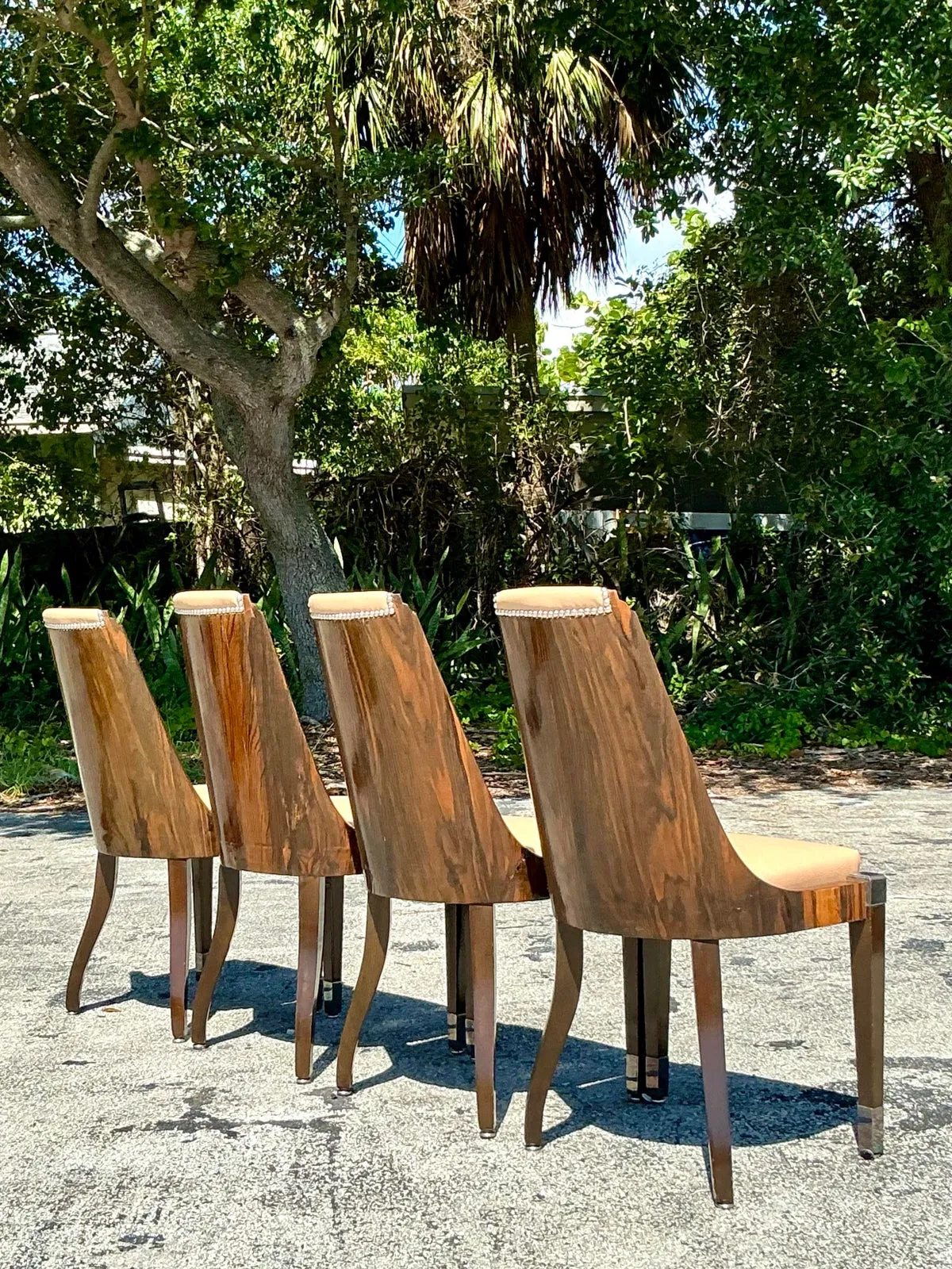 Vintage French Art Deco Burl and Leather Dining Chairs After Ruhlman -Set of 4 — additional photo 4