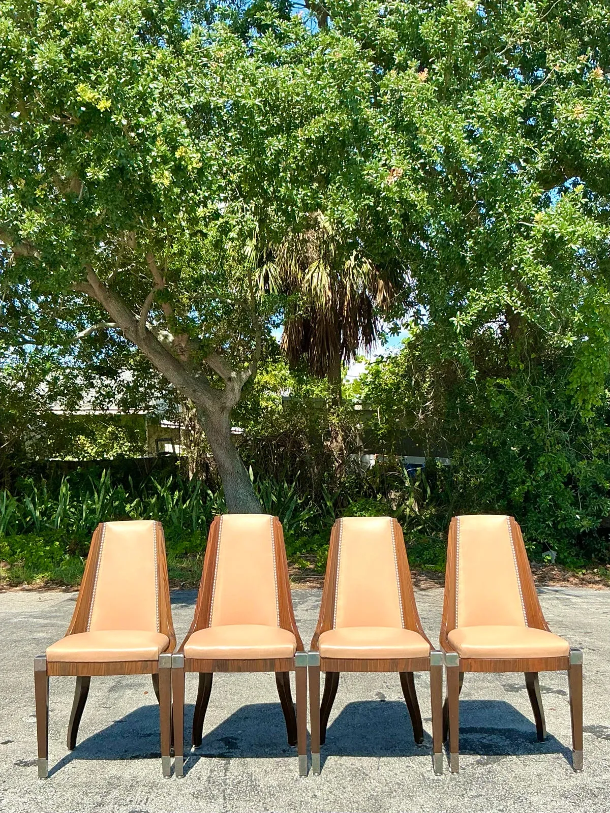 Vintage French Art Deco Burl and Leather Dining Chairs After Ruhlman -Set of 4 — additional photo 5