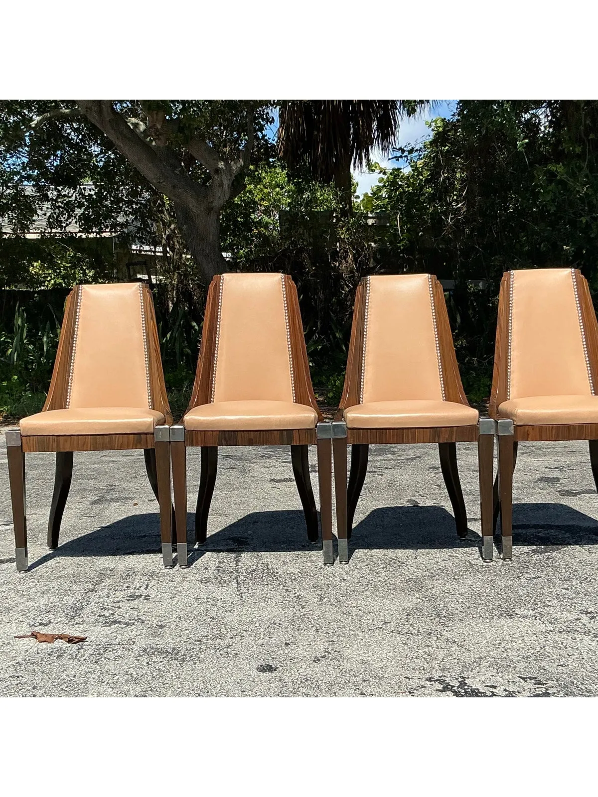 Vintage French Art Deco Burl and Leather Dining Chairs After Ruhlman -Set of 4 — additional photo 6