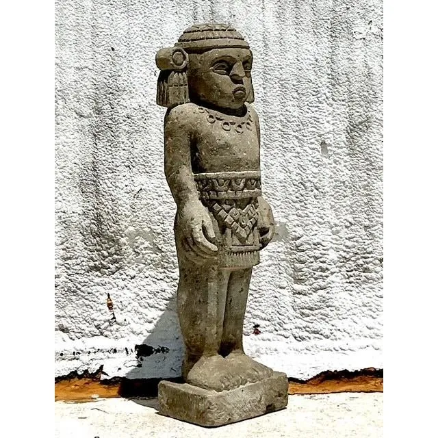 Vintage Boho Monumental Mayan Carved Stone Sculpture of Man — additional photo 4
