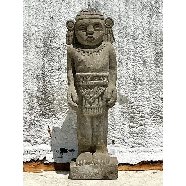 Vintage Boho Monumental Mayan Carved Stone Sculpture of Man — additional photo 2