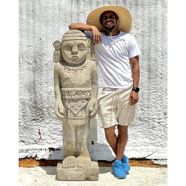 Vintage Boho Monumental Mayan Carved Stone Sculpture of Man — additional photo 7