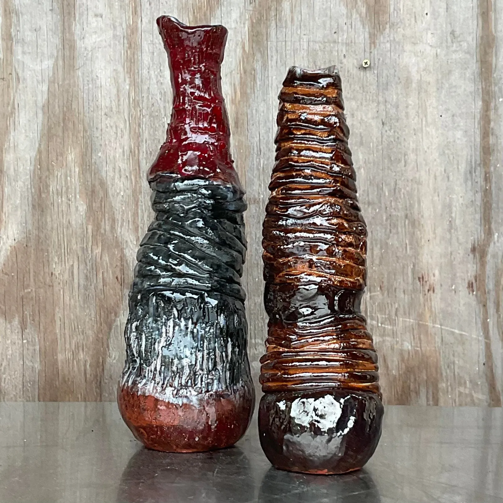 Vintage Boho Signed Hand Made Studio Pottery Vases - a Pair — additional photo 2