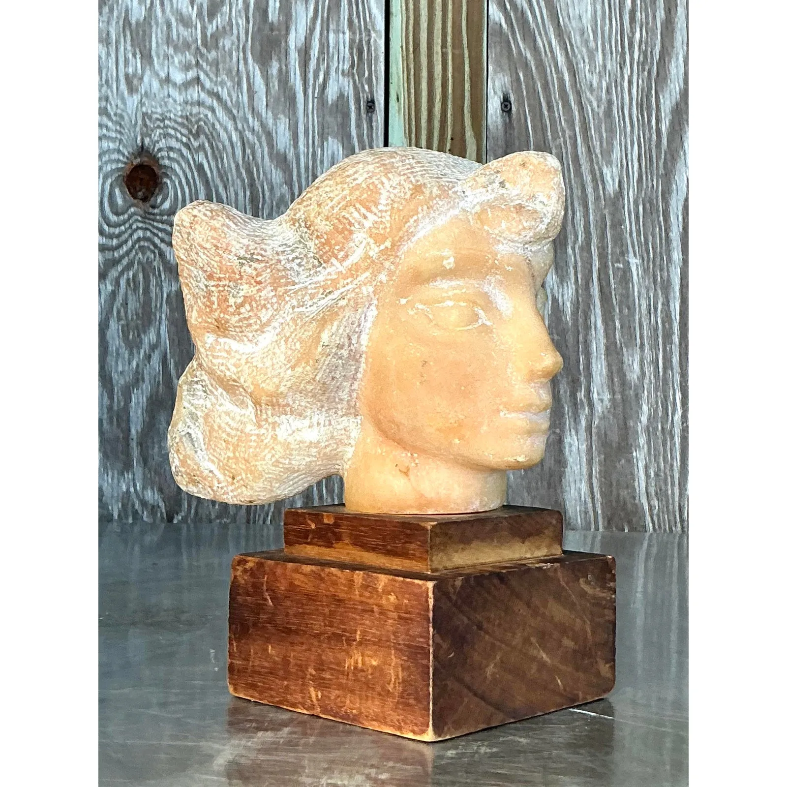 Mid 20th Century Vintage Boho Carved Stone Bust of Woman Sculpture