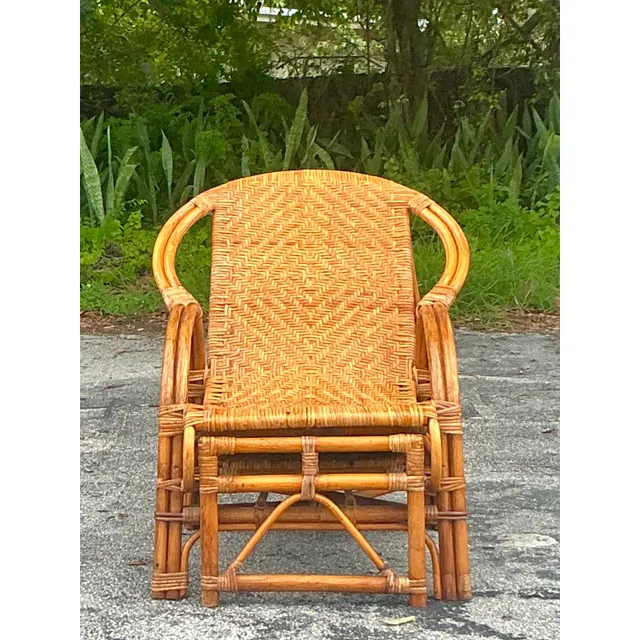 Vintage Coastal Woven Rattan Lounge Chair With Extending Foot Rest — additional photo 1