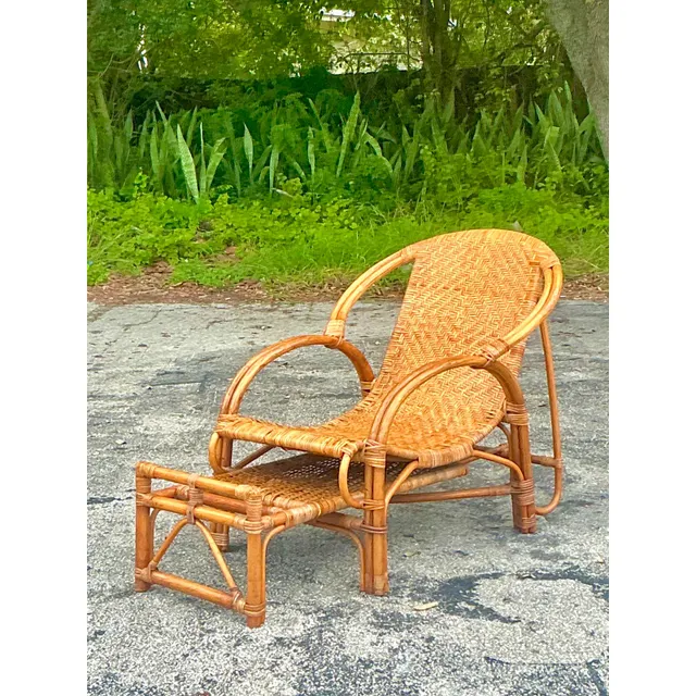 Vintage Coastal Woven Rattan Lounge Chair With Extending Foot Rest — additional photo 2