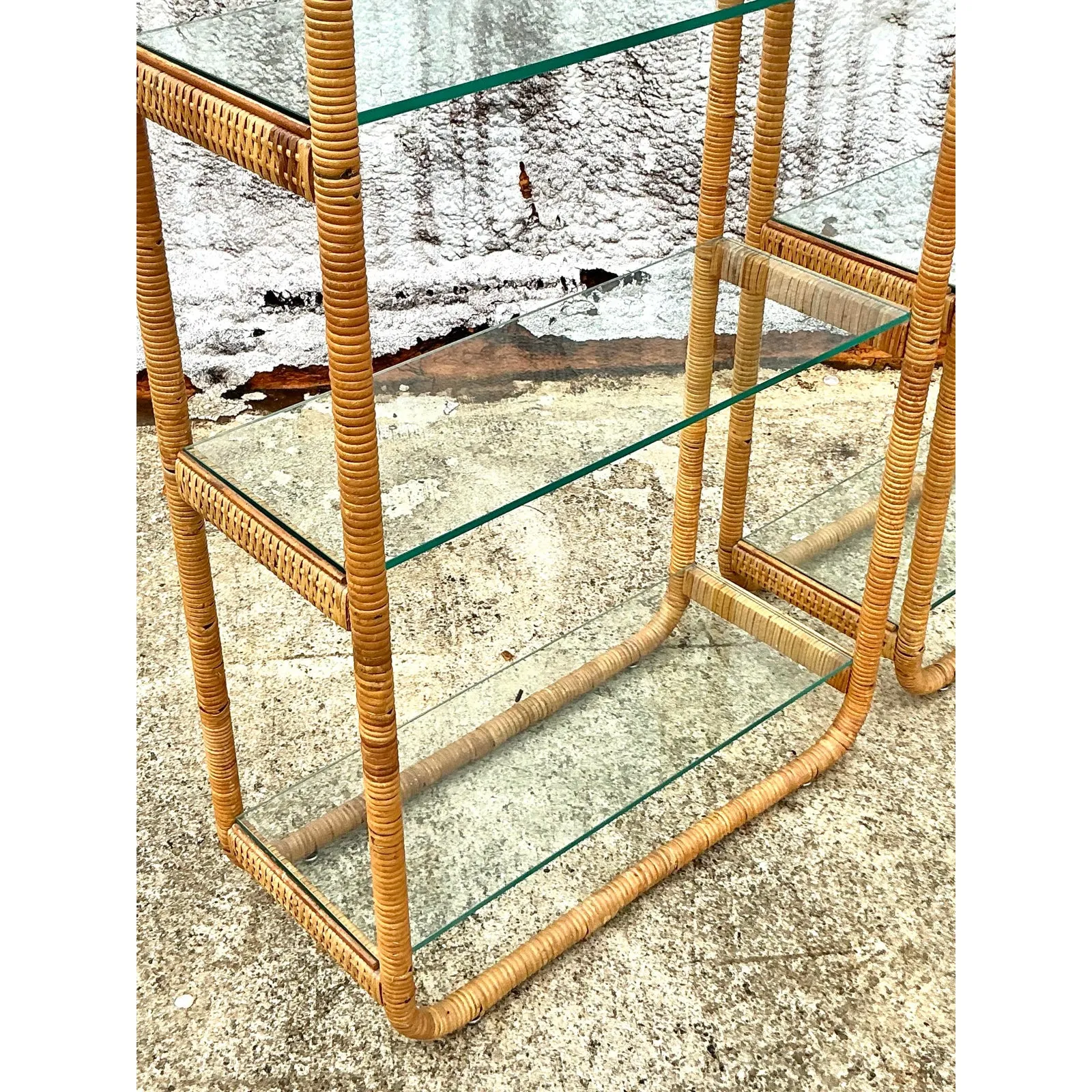 Vintage Boho Wrapped Rattan Etagere - A Pair — additional photo 1