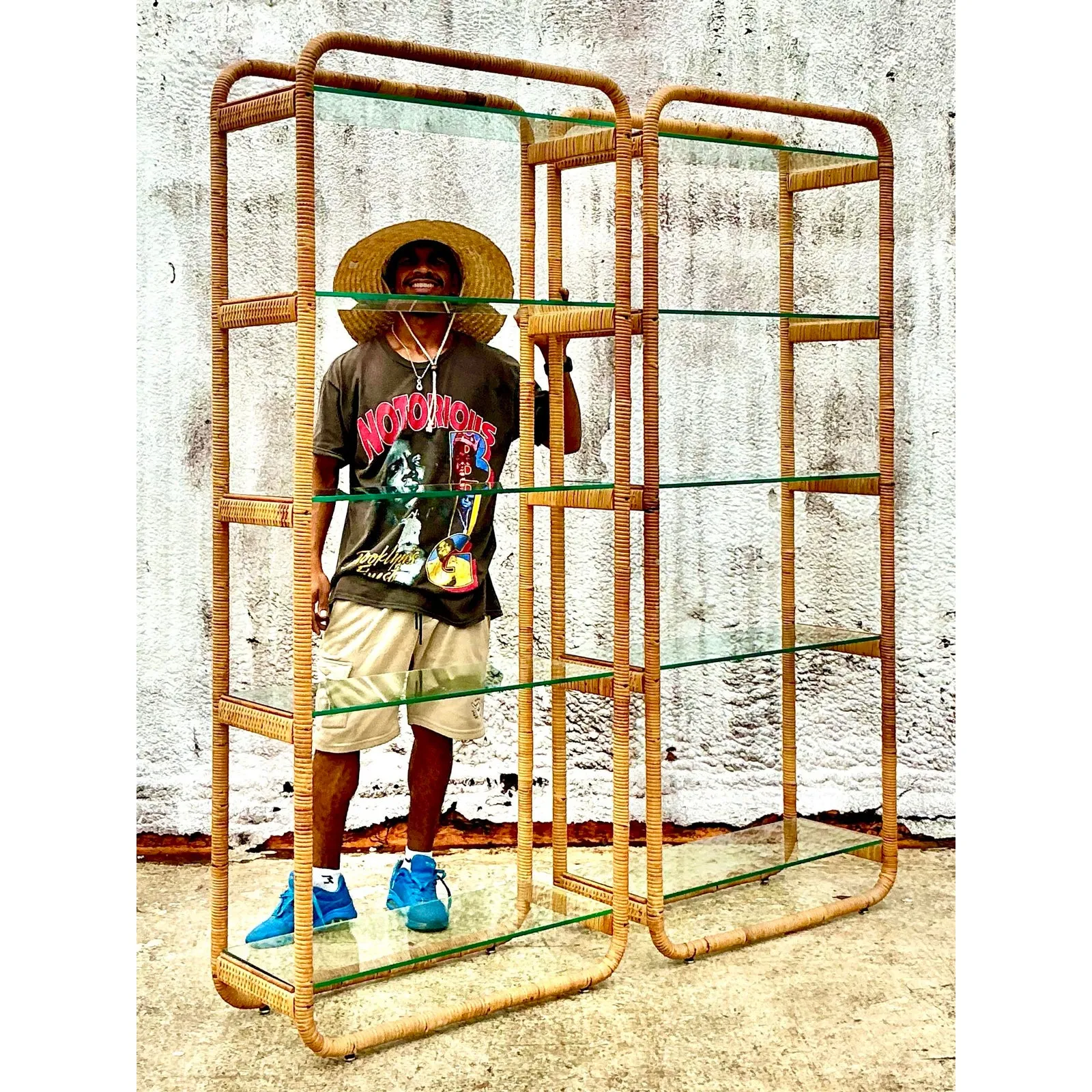 Vintage Boho Wrapped Rattan Etagere - A Pair — additional photo 3