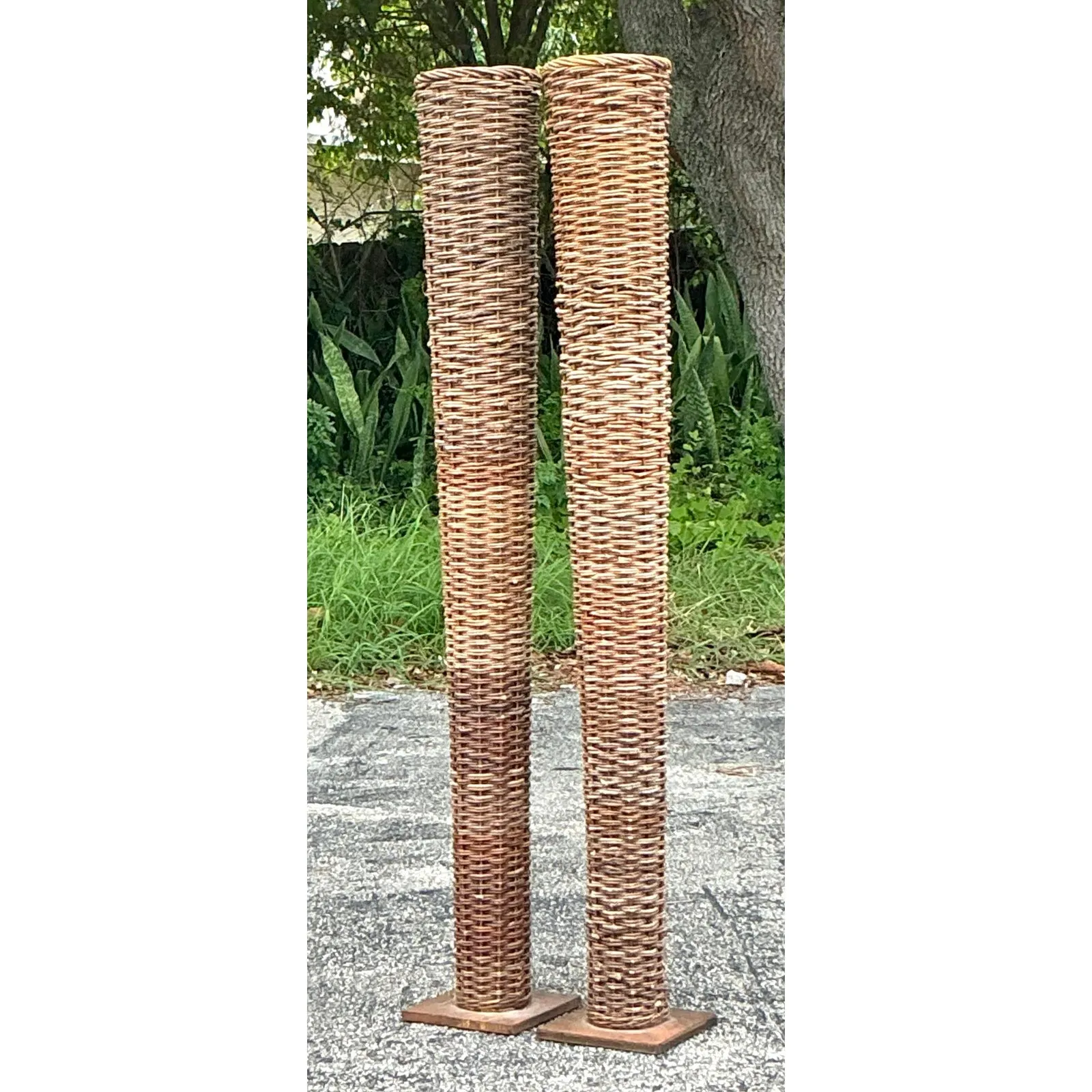 Vintage Boho Woven Rattan Tall Floor Vases - A Pair — additional photo 2