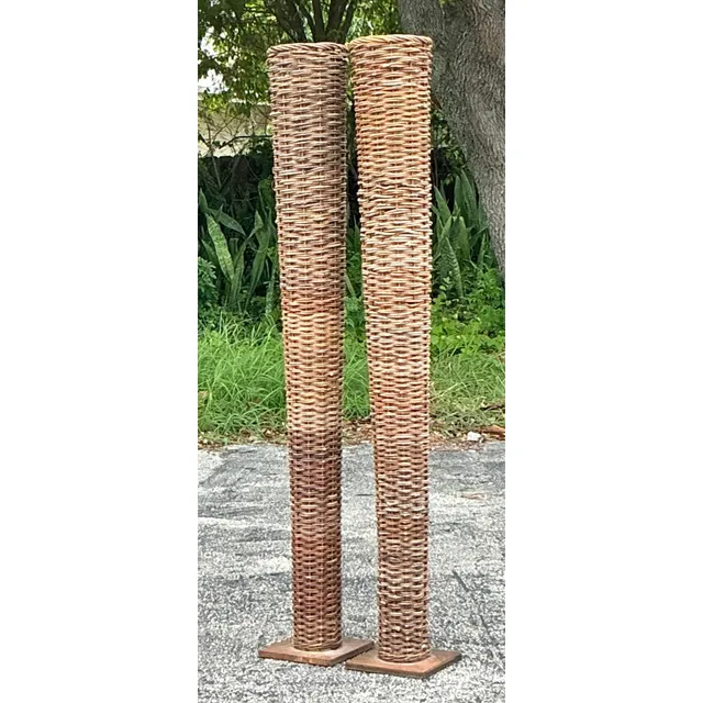 Vintage Boho Woven Rattan Tall Floor Vases - A Pair — additional photo 2