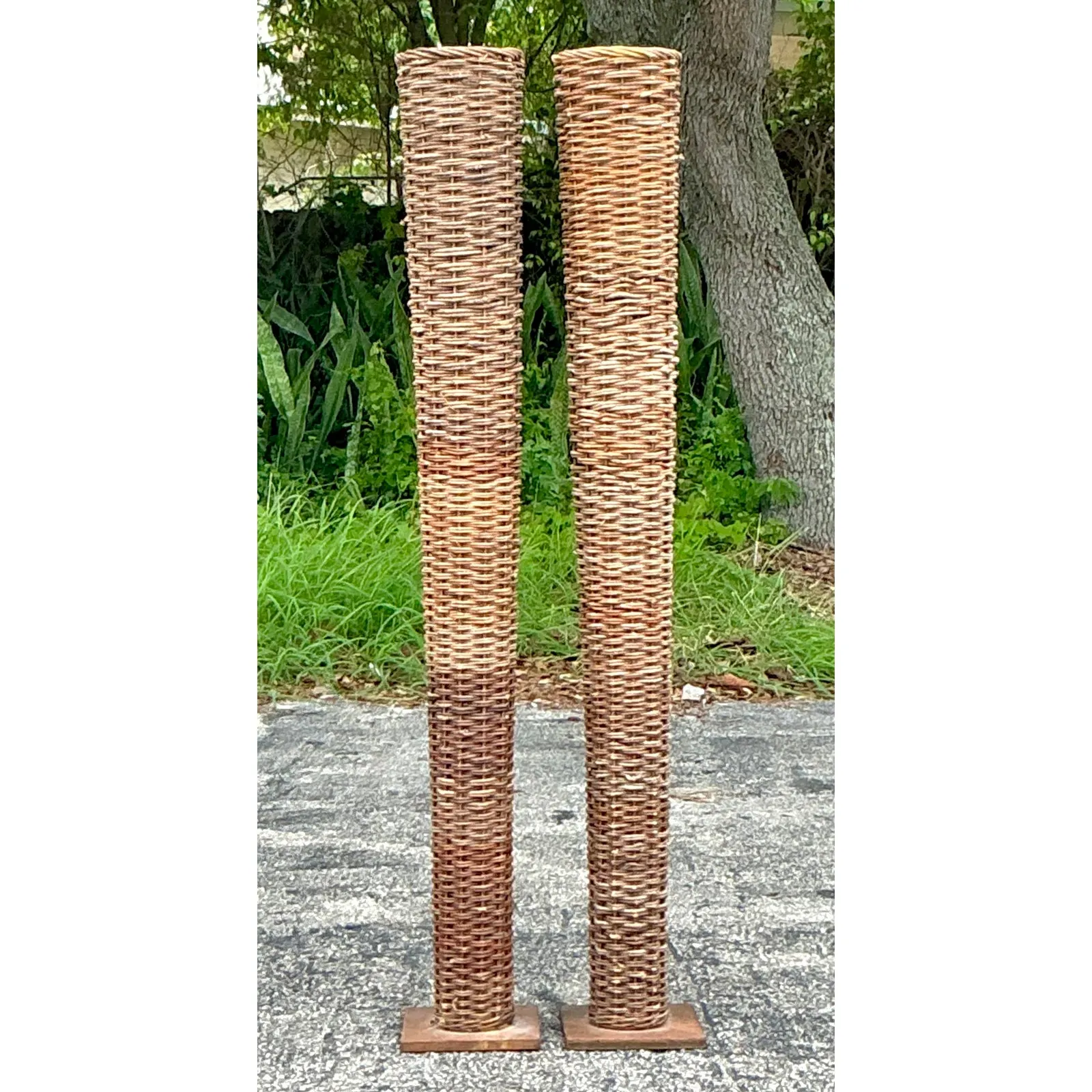 Vintage Boho Woven Rattan Tall Floor Vases - A Pair — additional photo 1