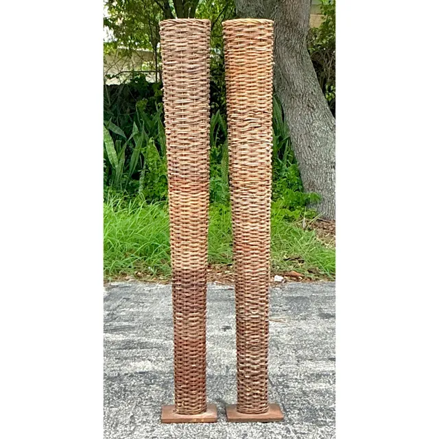 Vintage Boho Woven Rattan Tall Floor Vases - A Pair — additional photo 1