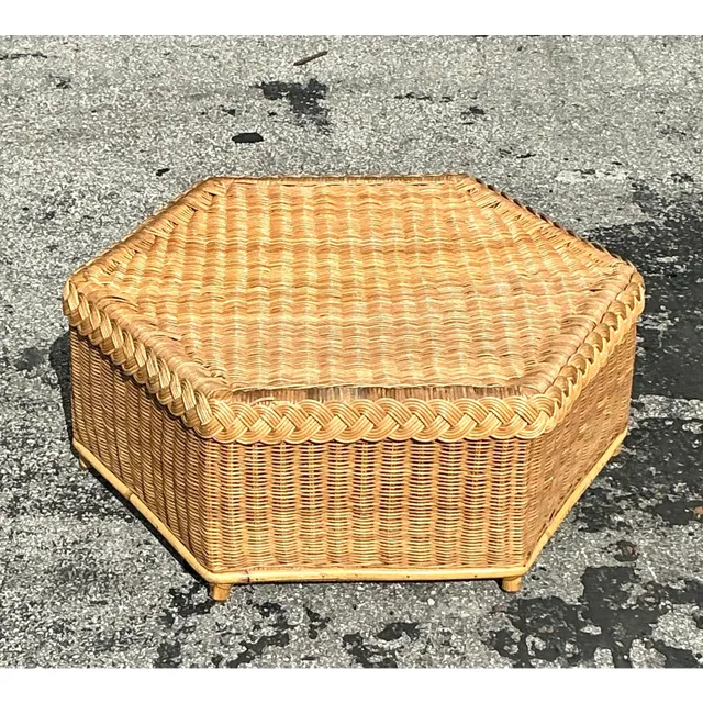 Vintage Coastal Brown Jordan Braided Rattan Coffee Table — additional photo 4
