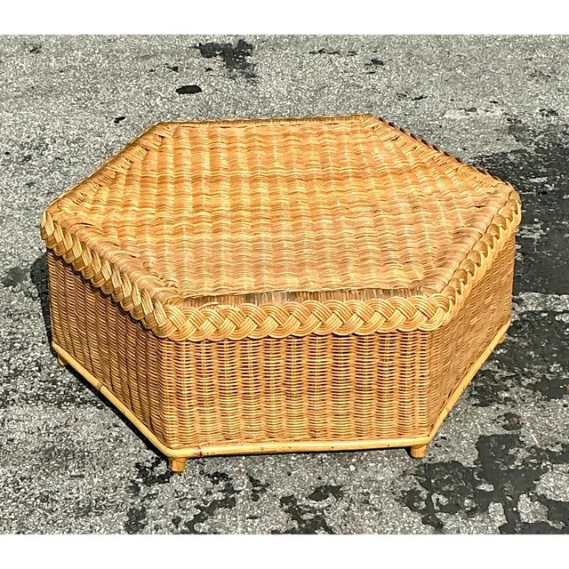 Vintage Coastal Brown Jordan Braided Rattan Coffee Table — additional photo 3