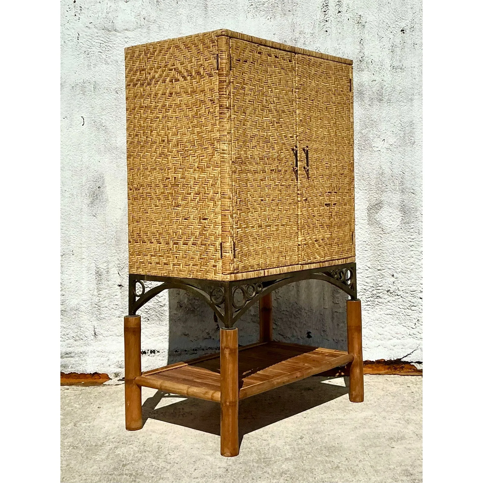 Vintage Coastal Woven Rattan Armoire — additional photo 4