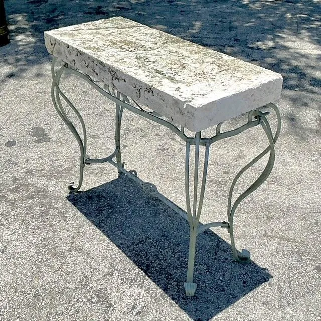 Vintage Boho Wrought Iron and Coquina Stone Console Table - Side view