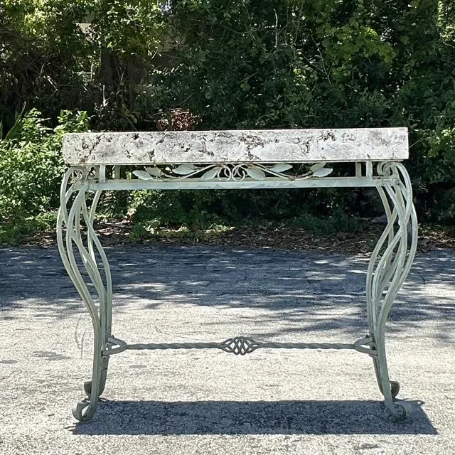 Vintage Boho Wrought Iron and Coquina Stone Console Table - Detail view