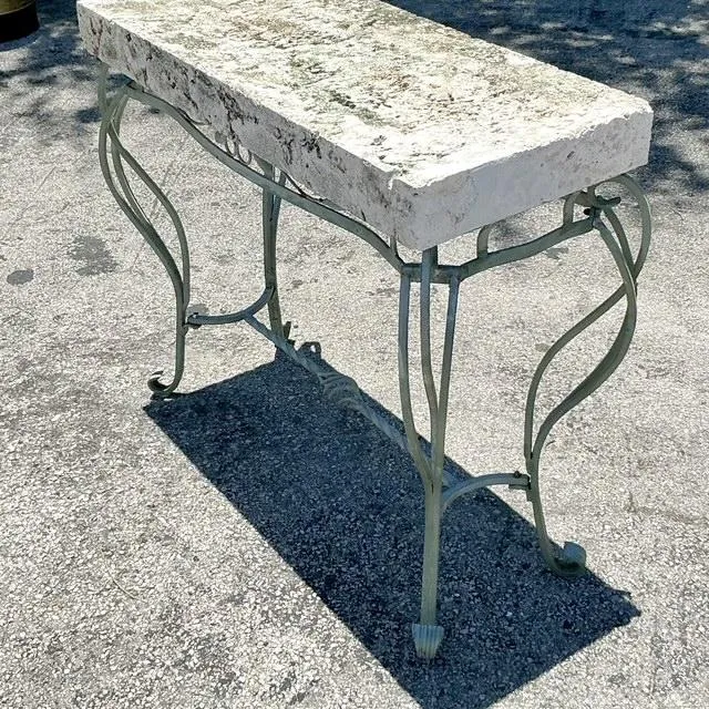 Vintage Boho Wrought Iron and Coquina Stone Console Table - Back view