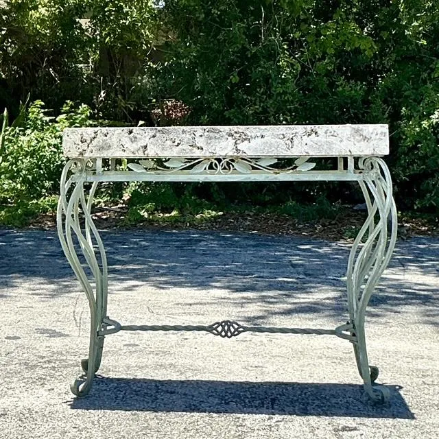 Vintage Boho Wrought Iron and Coquina Stone Console Table - Top view