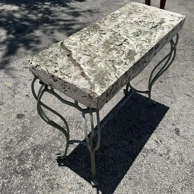 Vintage Boho Wrought Iron and Coquina Stone Console Table - Interior view