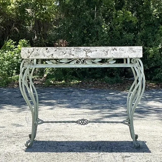 Vintage Boho Wrought Iron and Coquina Stone Console Table - Bottom view
