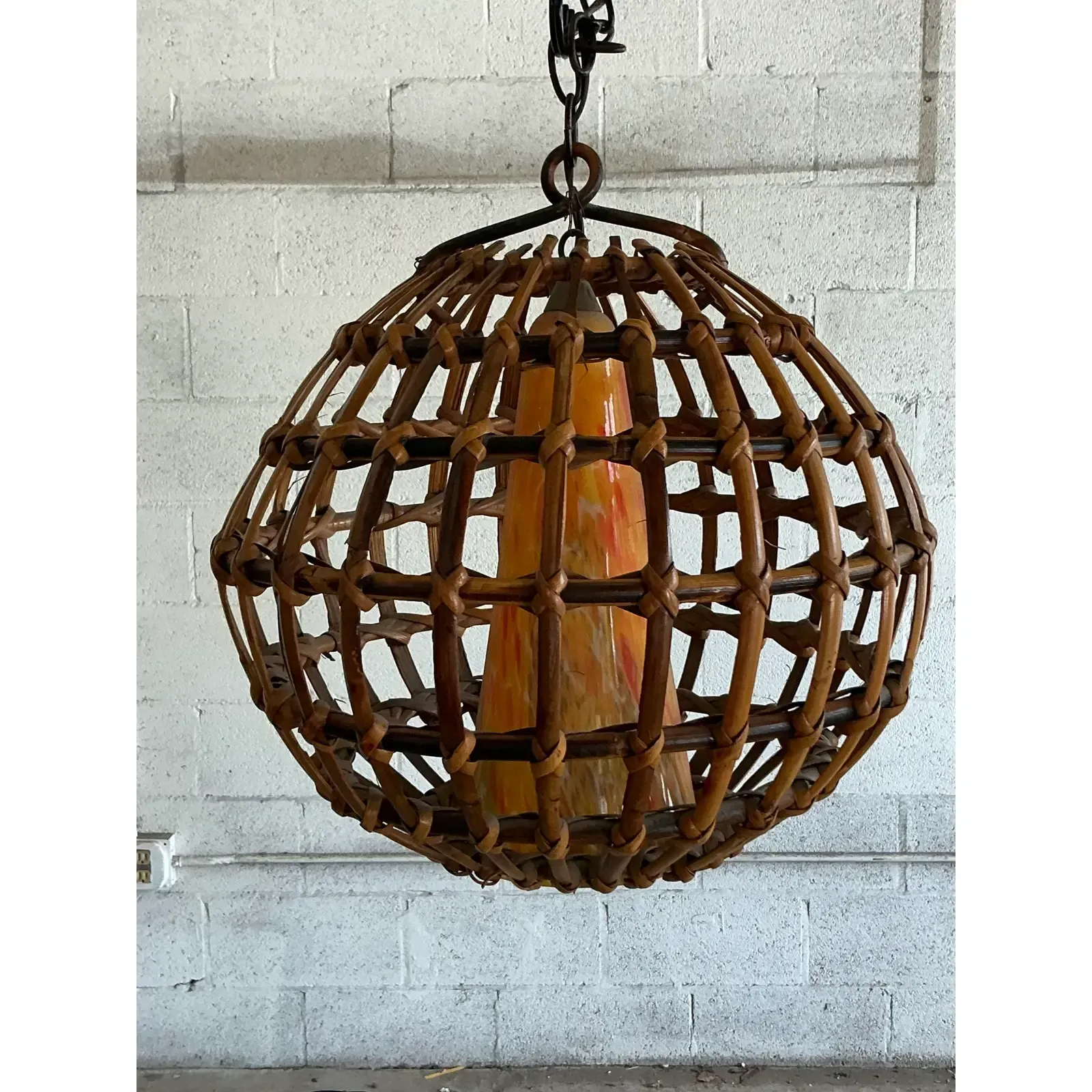 Vintage Boho Cage Rattan and Blown Glass Cone Chandelier — additional photo 2