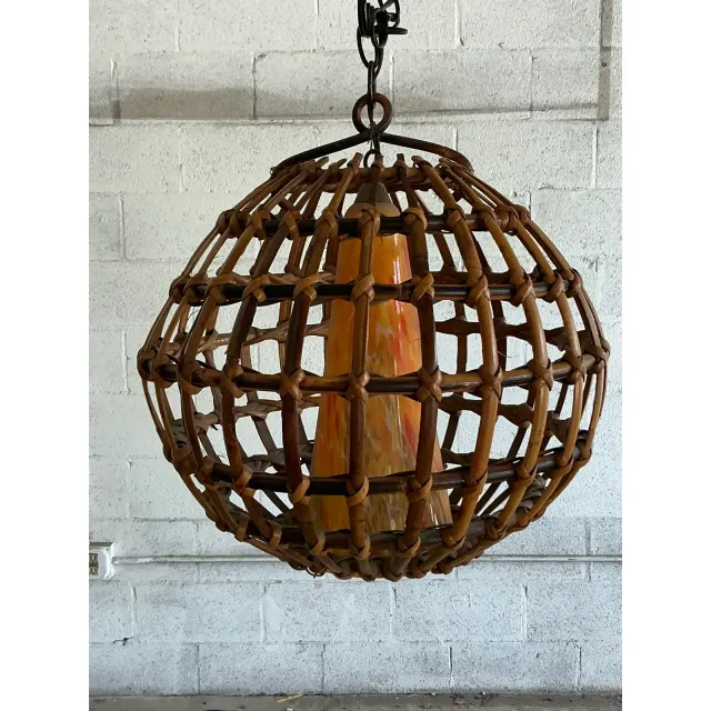Vintage Boho Cage Rattan and Blown Glass Cone Chandelier — additional photo 2