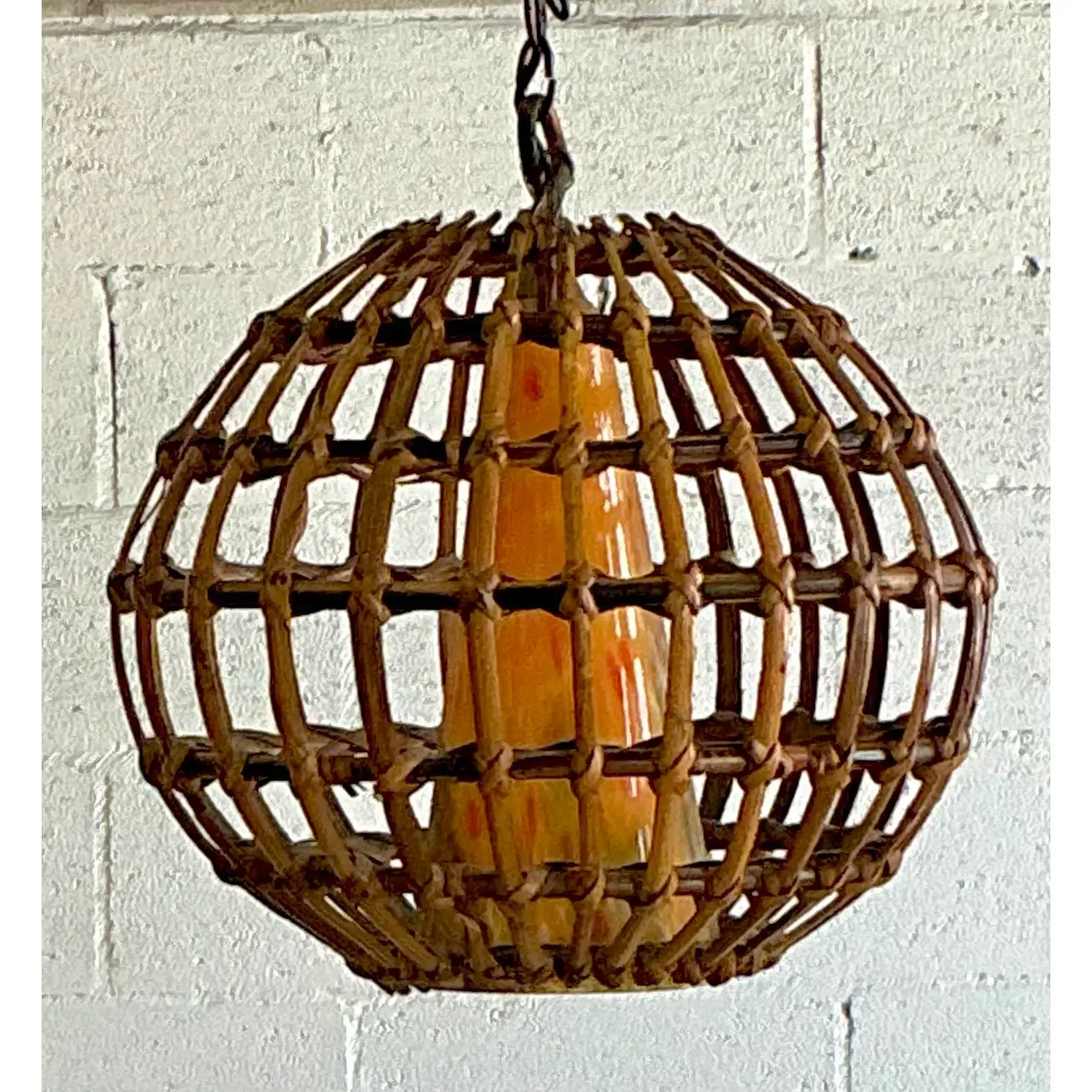 Vintage Boho Cage Rattan and Blown Glass Cone Chandelier — additional photo 3