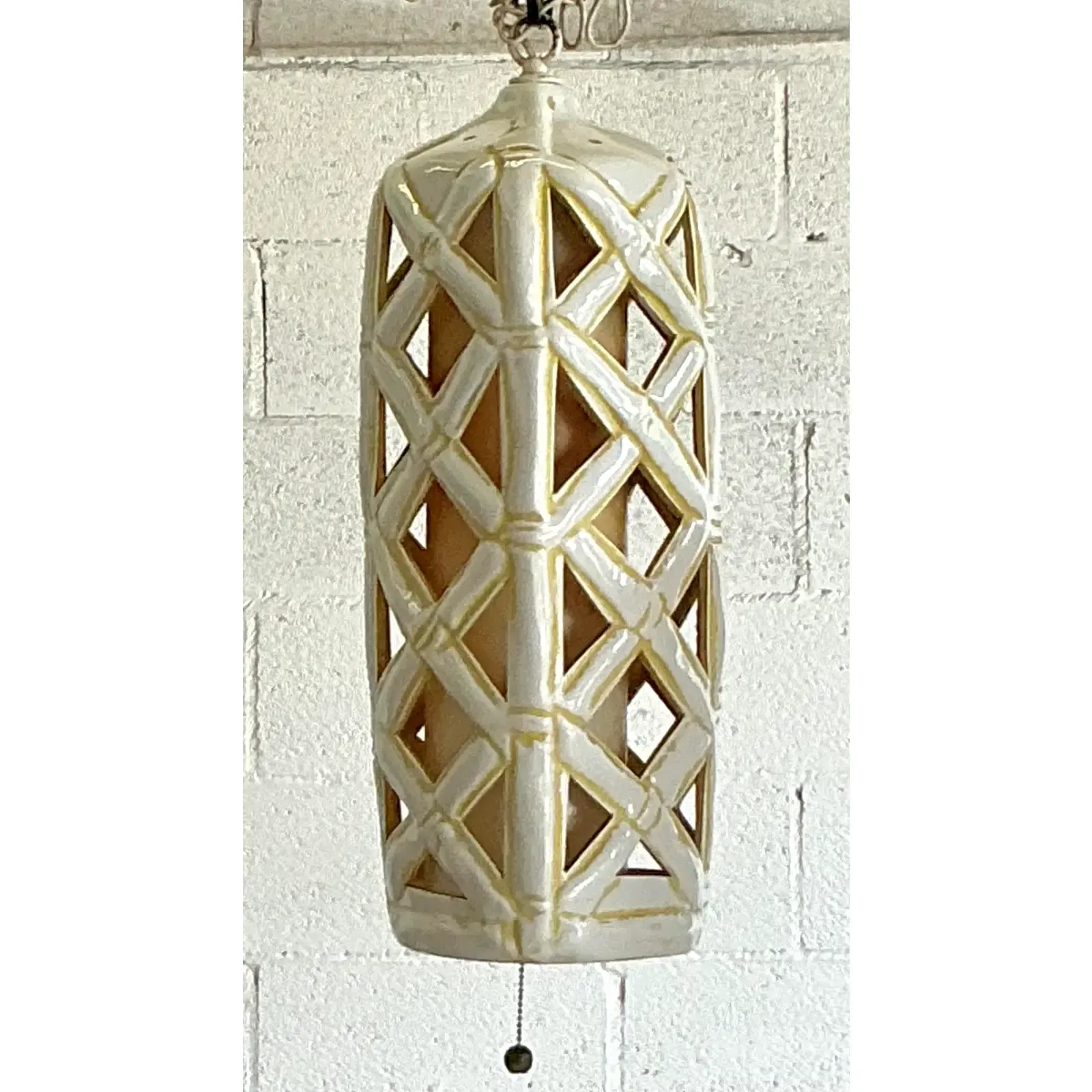 Vintage Mid-Century Modern Glazed Ceramic Hanging Trellis Lantern — additional photo 1