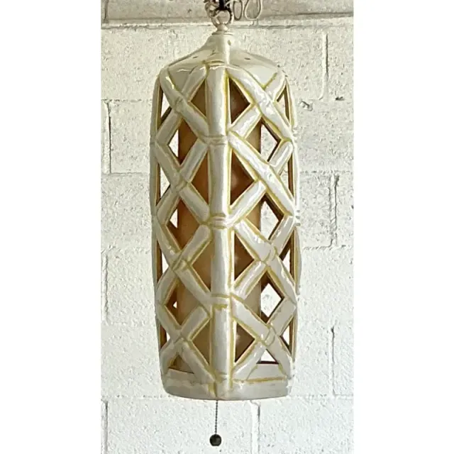 Vintage Mid-Century Modern Glazed Ceramic Hanging Trellis Lantern — additional photo 3