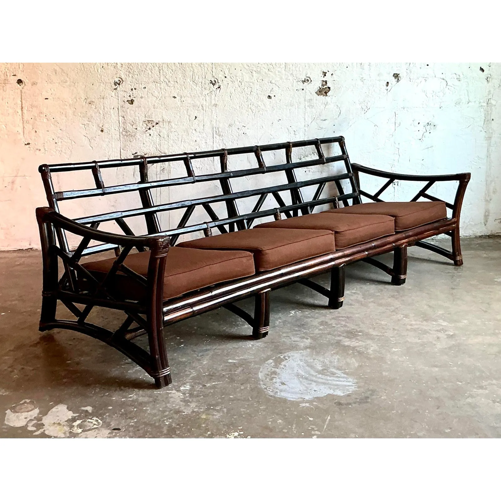 Vintage Boho Slope Arm Rattan Sofa After Ficks Reed — additional photo 1